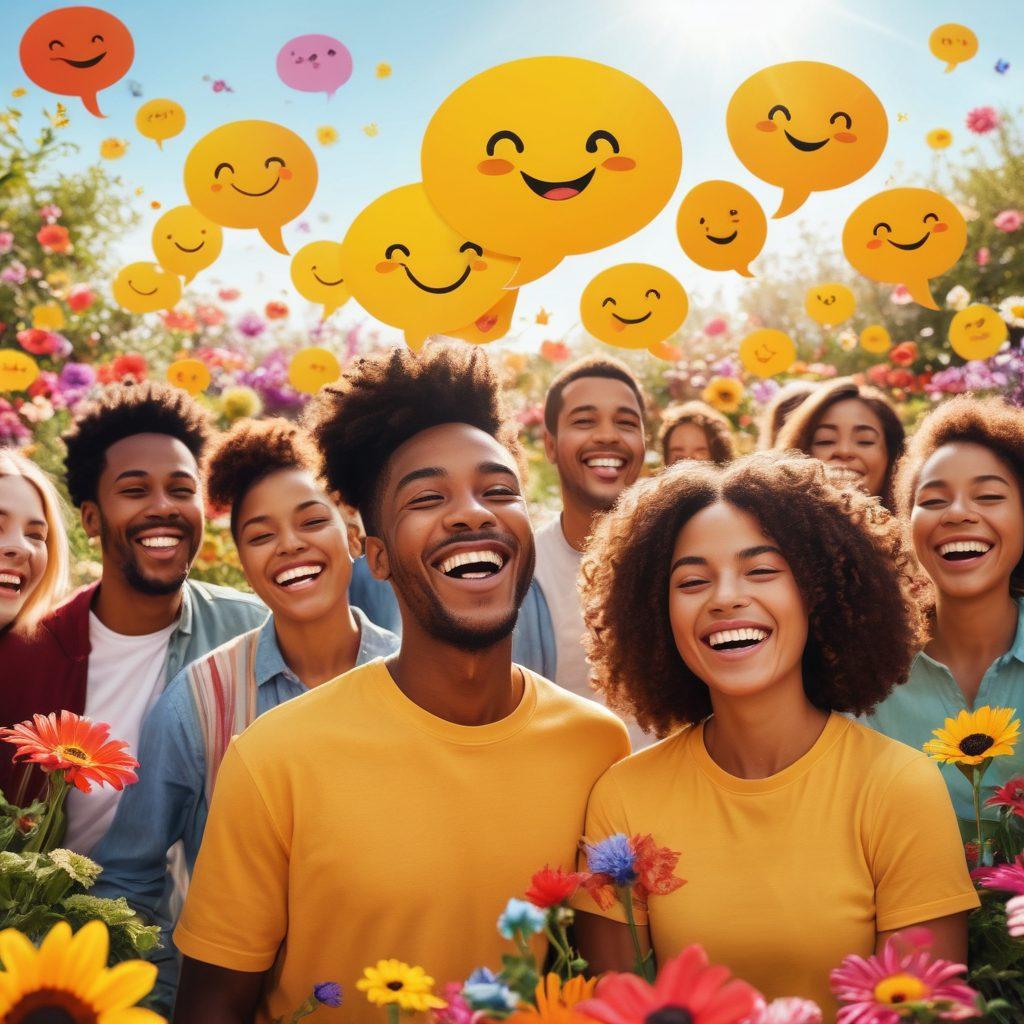 A cheerful scene of diverse people sharing joyful messages, with speech bubbles filled with uplifting phrases hanging in the air. Bright sunshine illuminates the background, symbolizing positivity and energy. Flowers and smiling emojis create a vibrant atmosphere, embodying happiness and connection. Illustrate with a playful and colorful style. vibrant colors. playful illustration.