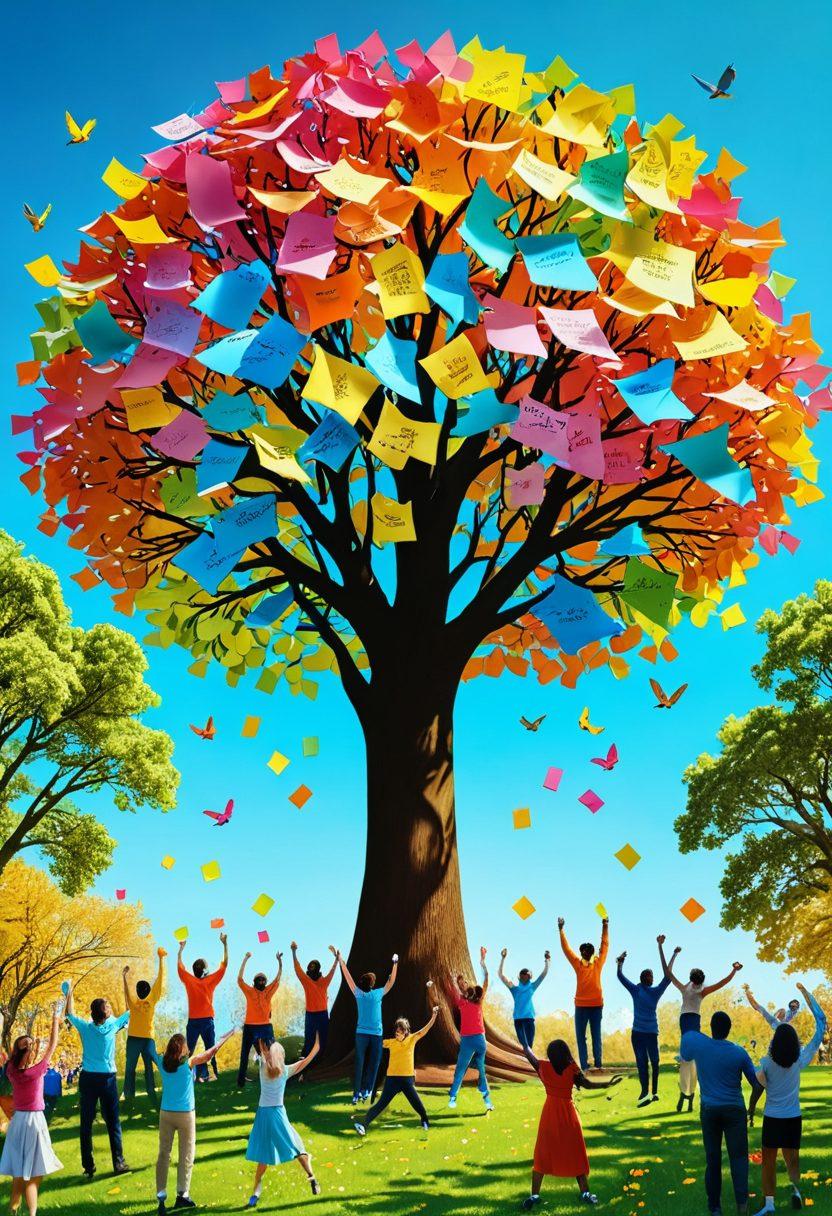 A bright, sunlit scene depicting a diverse group of people sharing uplifting messages on colorful sticky notes. Include elements like blooming flowers, a tree with vibrant leaves, and birds soaring in a clear blue sky to symbolize positivity and joy. The setting should radiate warmth, inviting a sense of community and hope. whimsical illustration. vibrant colors. 3D.