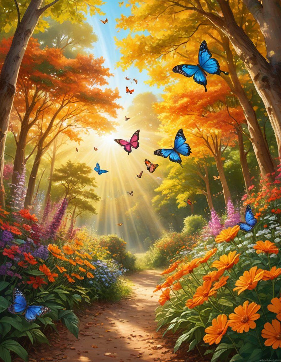 A bright, sunny scene featuring a diverse group of people, smiling and exchanging cheerful words amidst nature, with colorful flowers blooming around them. Light rays filtering through trees create a warm glow, while uplifting quotes are artistically integrated into the composition. Playful butterflies and birds add to the joyfulness of the scene. vibrant colors. super-realistic. bright background.